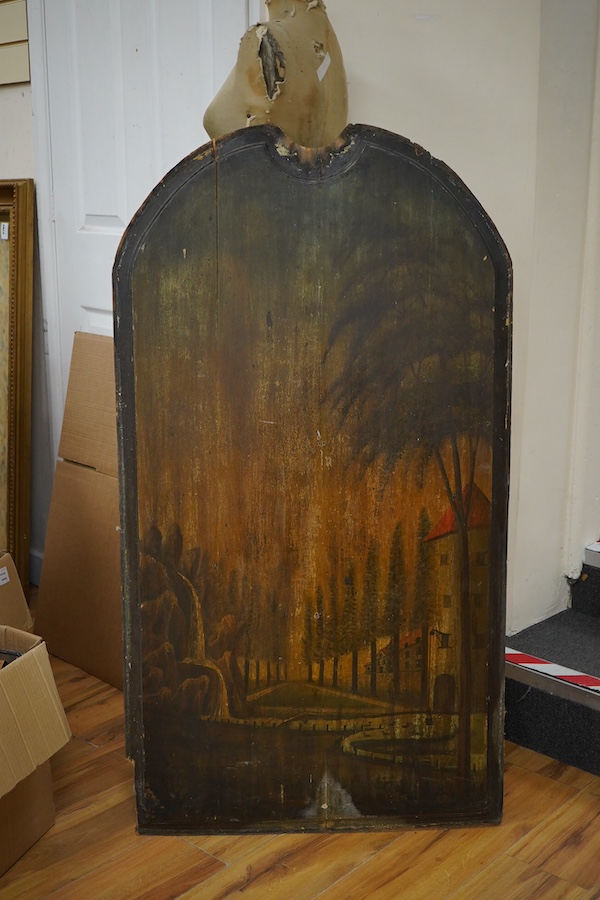 19th century, French School, Waterfall before a chateau, oil on wood panel, unframed, 121 x 66cm